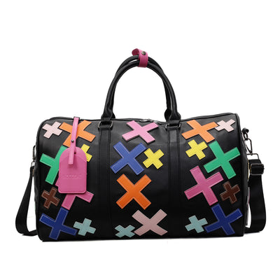 Sac de voyage en cuir PU noir avec motifs croix colorés – sport et gym